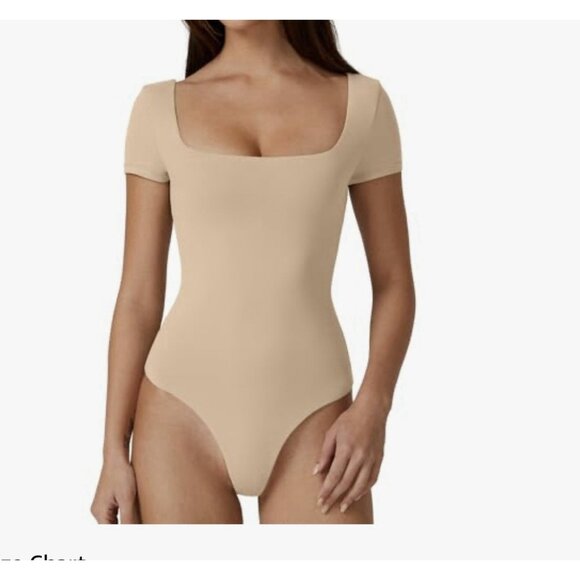 NWT QINSEN Women's Square Neck Short Sleeve Double-Layer Bodysuit Fashion - Picture 5 of 6